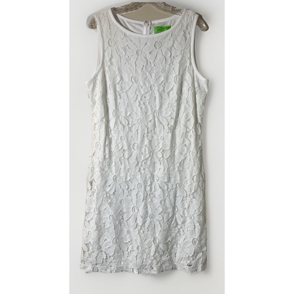 Pappagallo White Lace Overlay Flower Print Shift Dress Lined Nylon Polyester 16